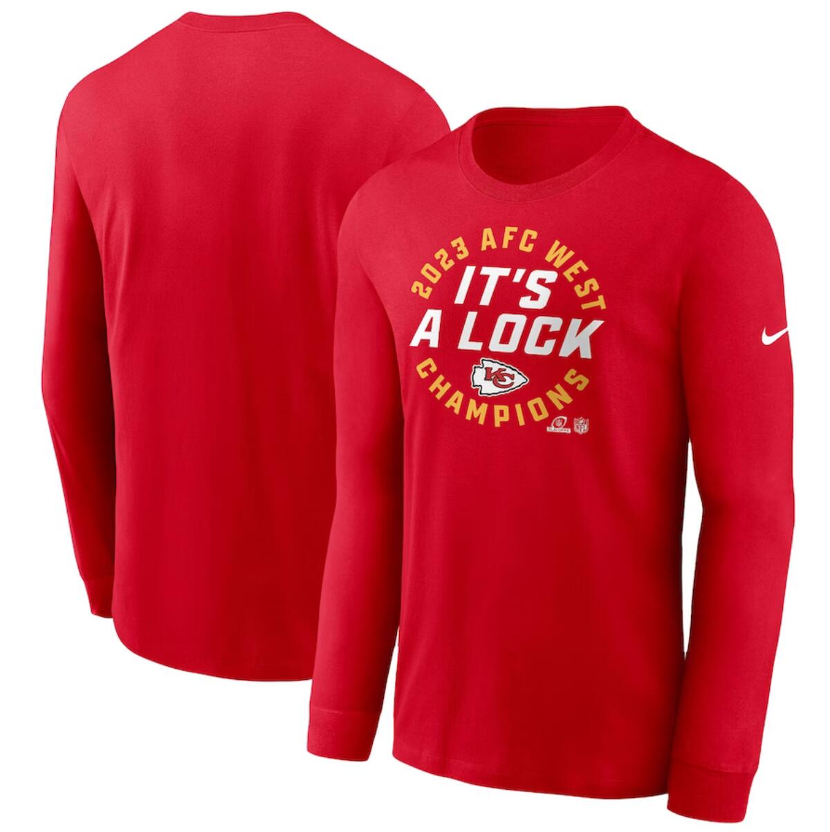 Men's Kansas City Chiefs Red 2023 AFC West Division Champions Locker Room Trophy Collection Long Sleeve T-Shirt - Click Image to Close